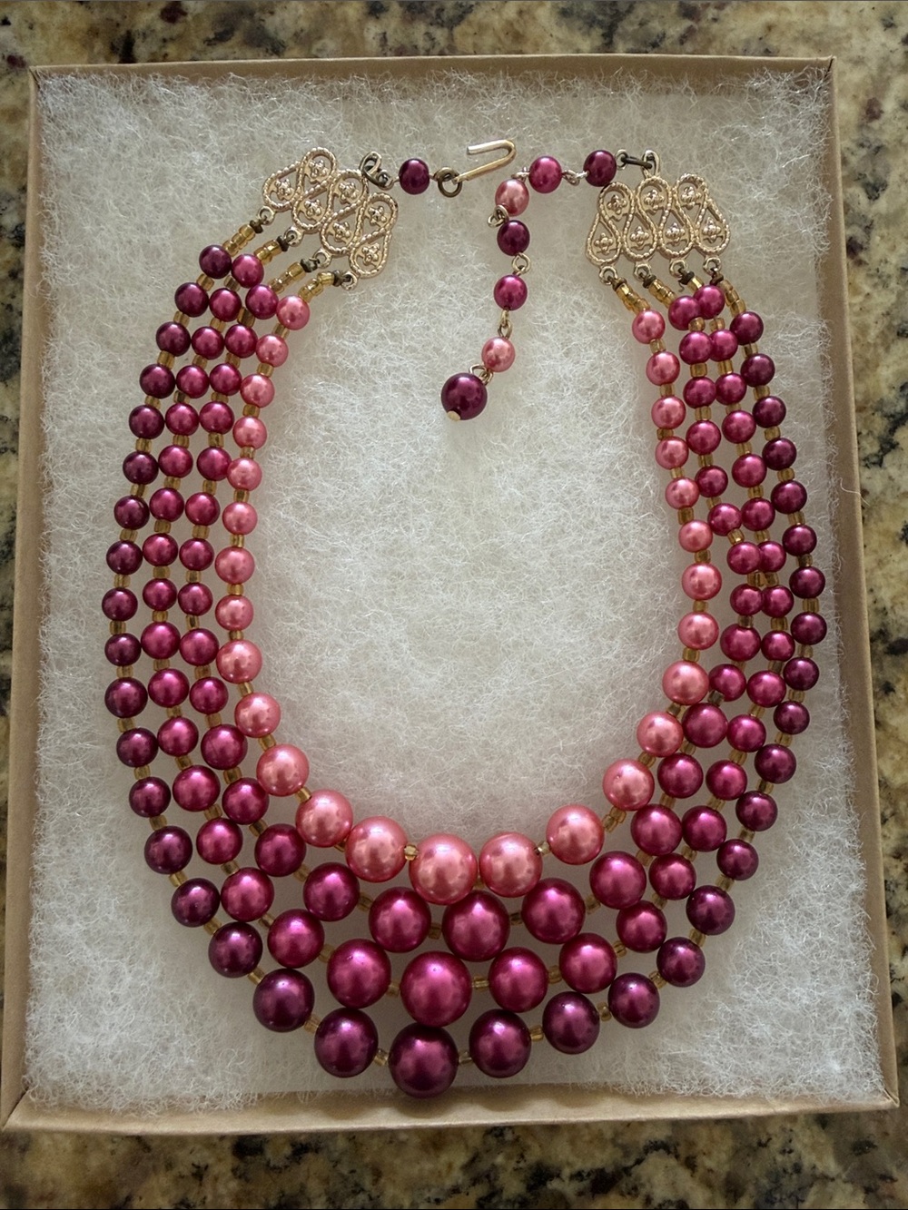 Vintage Japan Pink Faux Pearl Multi Strand
Necklace Filigree MCM 1950s 1960s